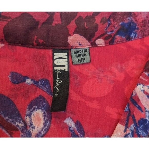 Kut From The Kloth Red Floral Sheer Button Up Women's MP - Picture 4 of 6